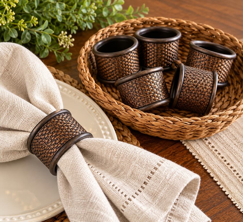 Bronze Woven Napkin Rings Brown Rustic Farmhouse Table Decor Set of 6 1.5 Inch